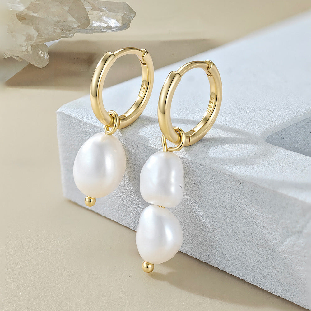 Natural Freshwater Baroque Pearl Asymmetrical  925 Sterling Silver Hoop Earrings