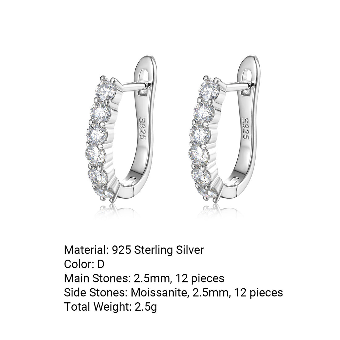 Minimalist-Style Moissanite Stud Earrings In A Row Setting 925 Sterling Silver Earrings