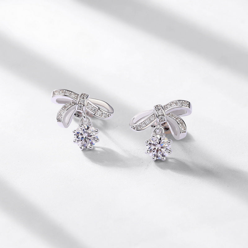 Bow Knot Moissanite Earrings Vintage Fashion 925 Sterling Silver Stud Drop Earrings