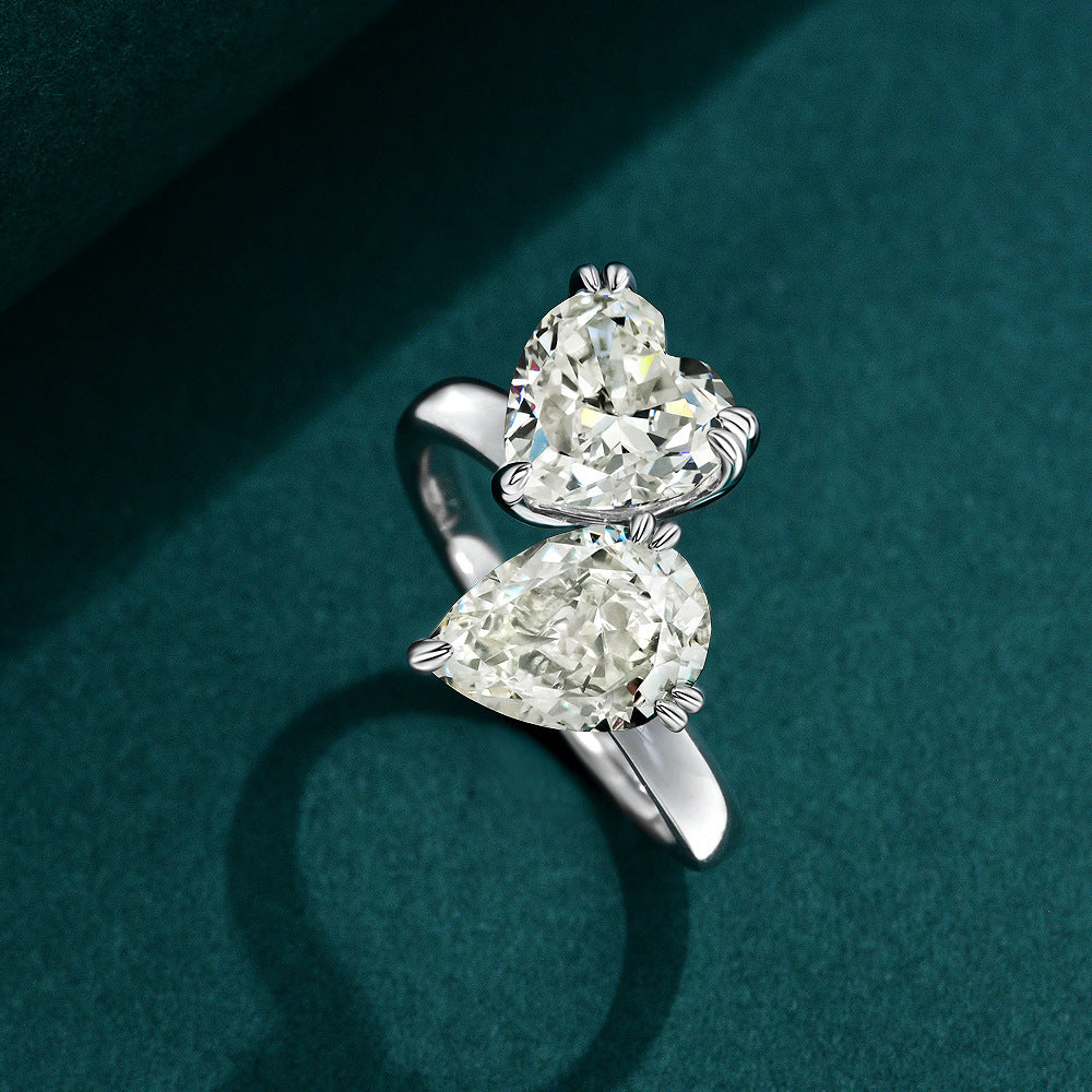 925 Sterling Silver Cubic Zirconia Heart-shaped Pear-shaped cut Gemstones Ring