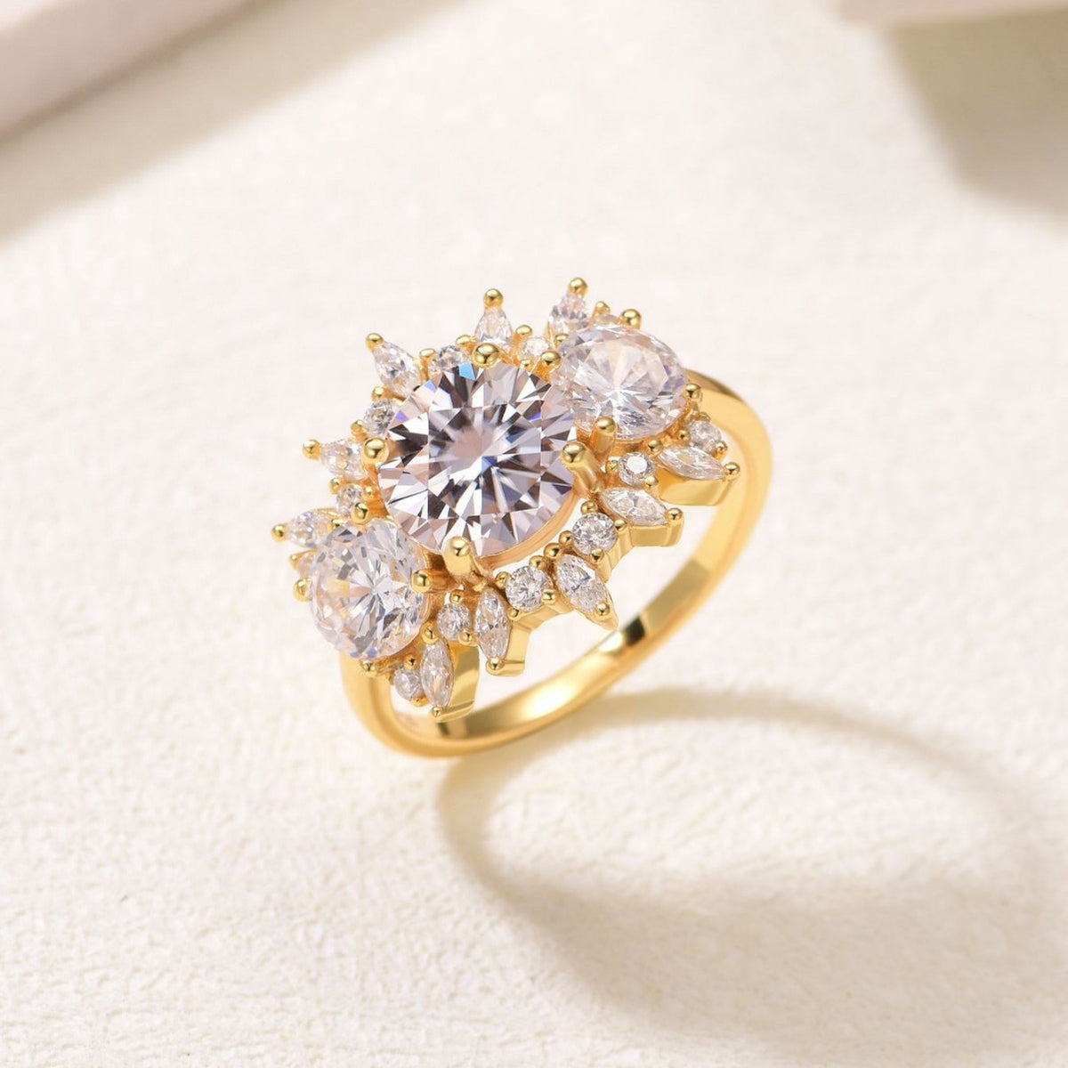 Floral Halo Round Cut D Color Moissanite S925 Sterling SilverThree Stone Cluster Wedding Ring
