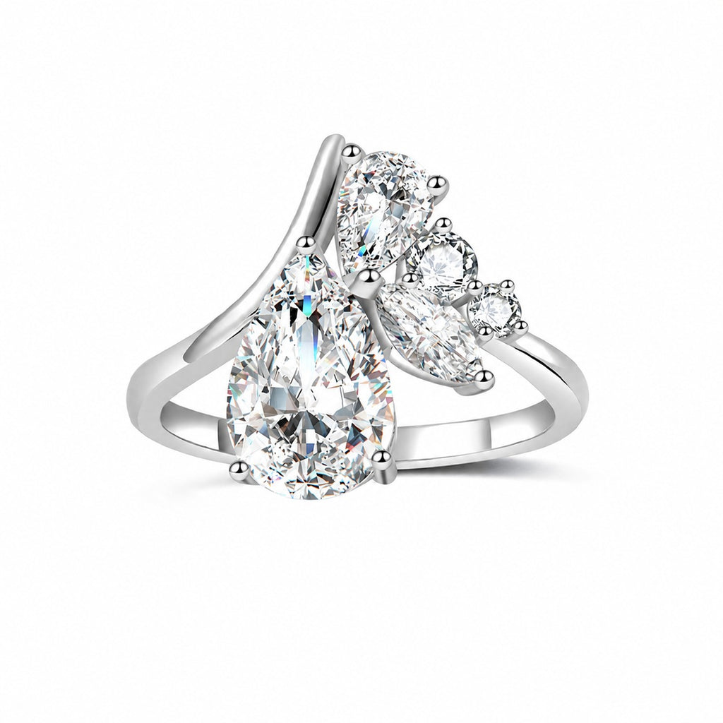 Moissanite Teardrop Centre Stone With Marquise-Cut Side Stones 925 Sterling Silver Ring