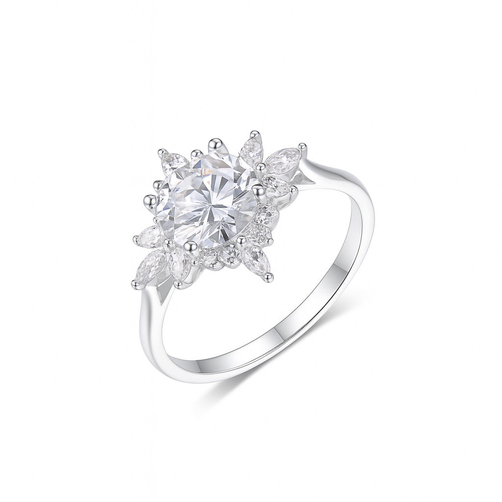 Round Center Stone Sunflower Moissanite 925 Sterling Silver Ring