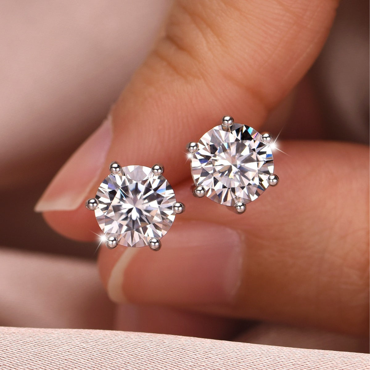 Minimalist-Style Six Pronged Moissanite, 925 Sterling Silver Earrings