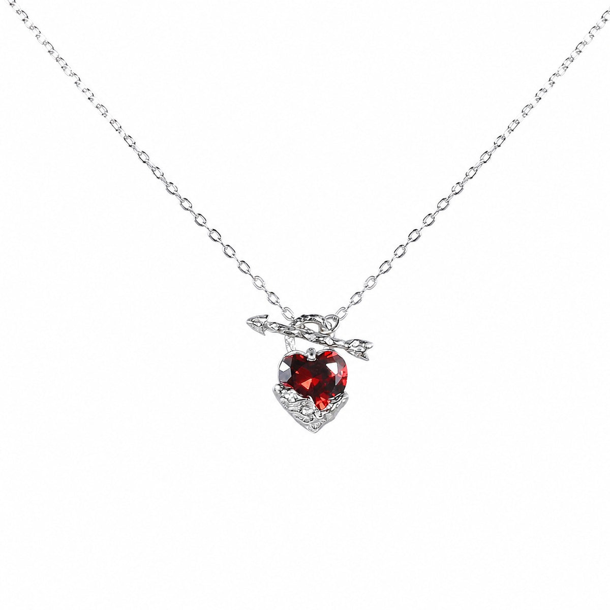 Red Heart Cupid's Arrow Zirconia 925 Sterling Silver Romantic and Minimalist Collar Bone Necklace
