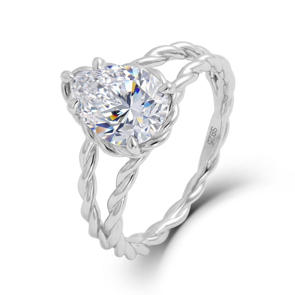 Pear Shaped Moissanite Twisted Double Band In Solid 925 Sterling Silver Ring