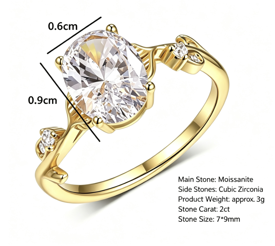 Oval Moissanite Leaf Branch Suburban Design 925 Sterling Silver Ring