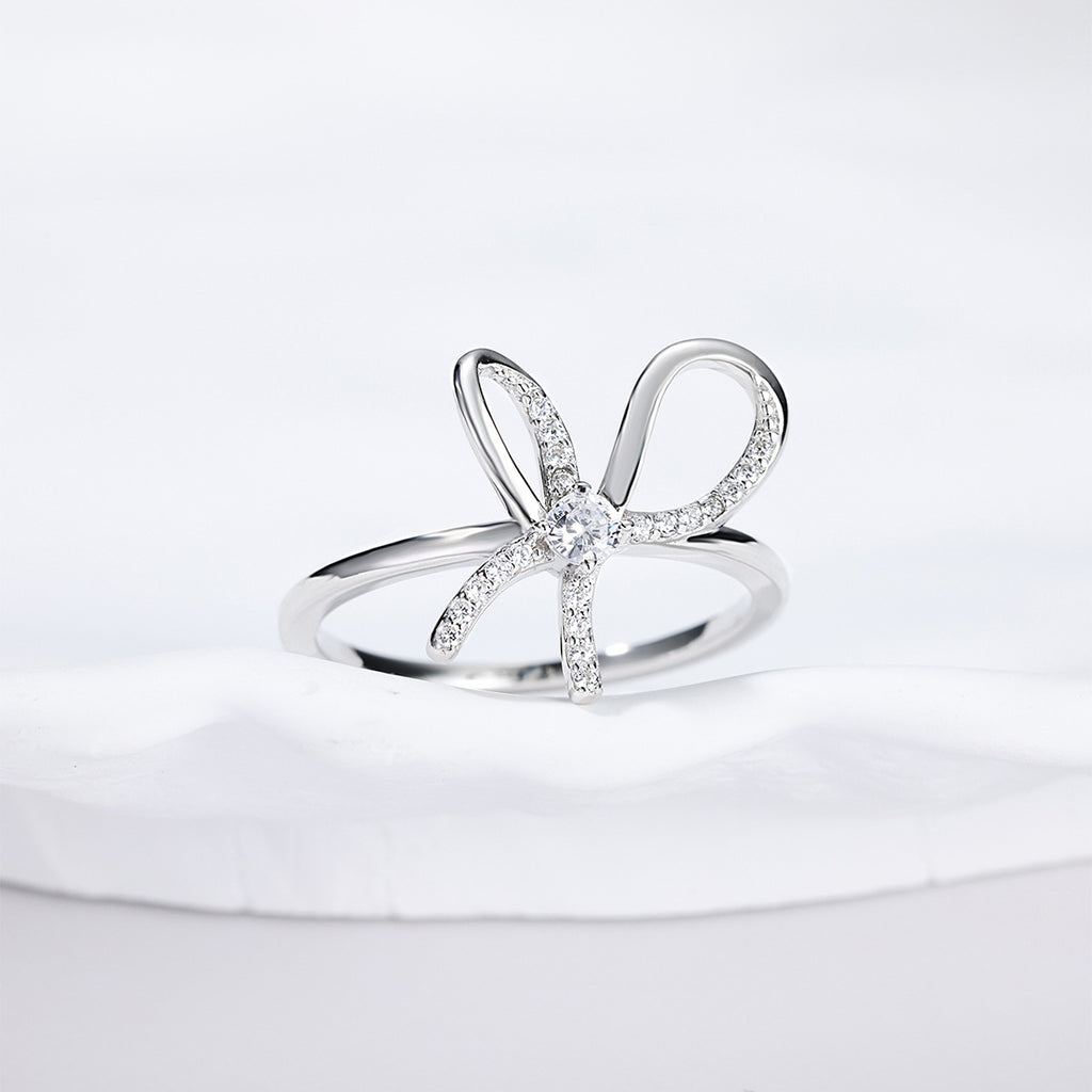 Bowknot Moissanite  925 Sterling Silver Round Cut D Color Moissanite Pave Ribbon Bow Ring