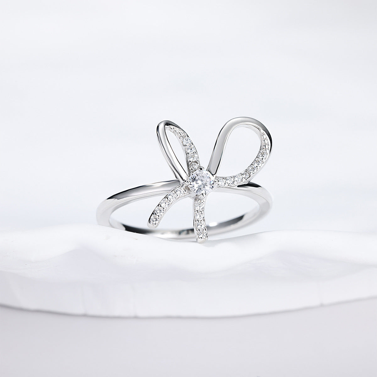 Bowknot Moissanite  925 Sterling Silver Round Cut D Color Moissanite Pave Ribbon Bow Ring