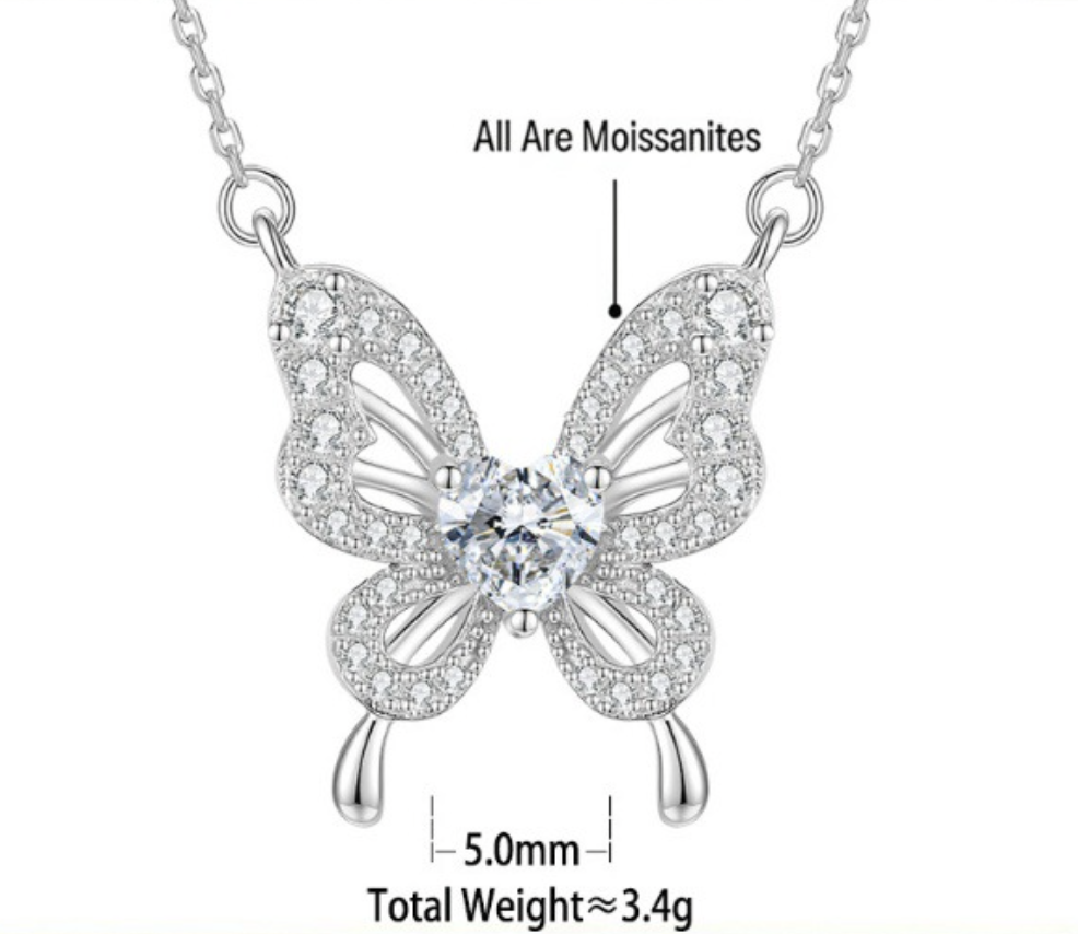Butterfly Moissanite Hollow Heart Wing Design 925 Sterling Silver Pendant Necklace