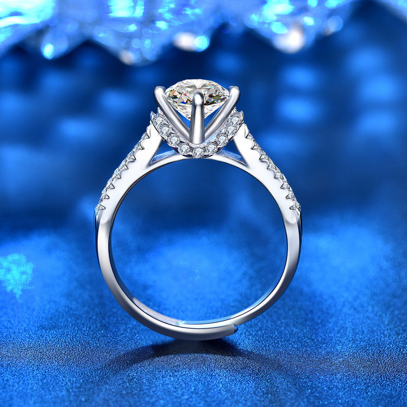 Lady Round Moissanite CZ Babysbreath 925 Sterling Silver Adjustable Ring