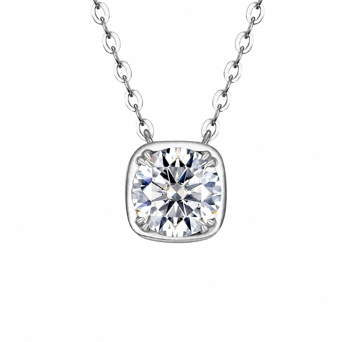 Modern Minimalist Rounded Square Moissanite Silver Tone 925 Sterling Silver Necklace