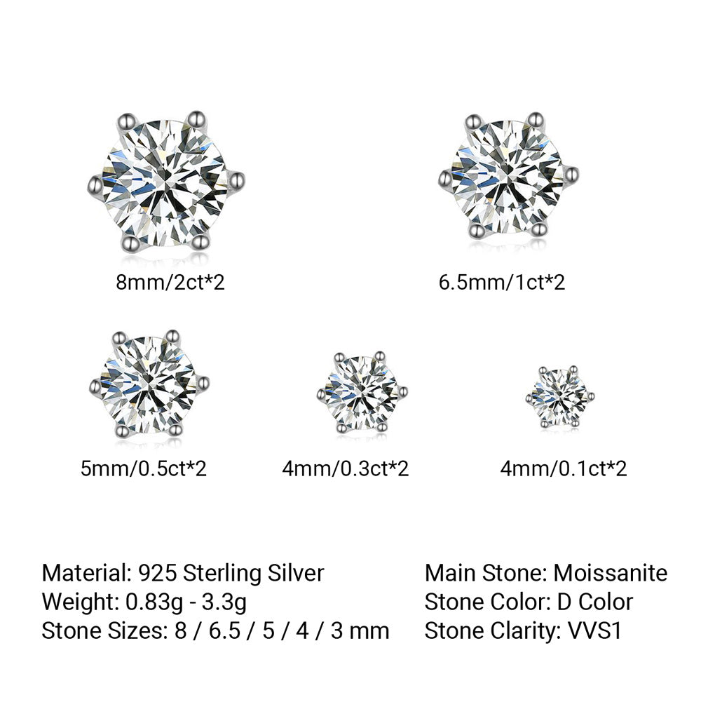 Minimalist-Style Six Pronged Moissanite, 925 Sterling Silver Earrings