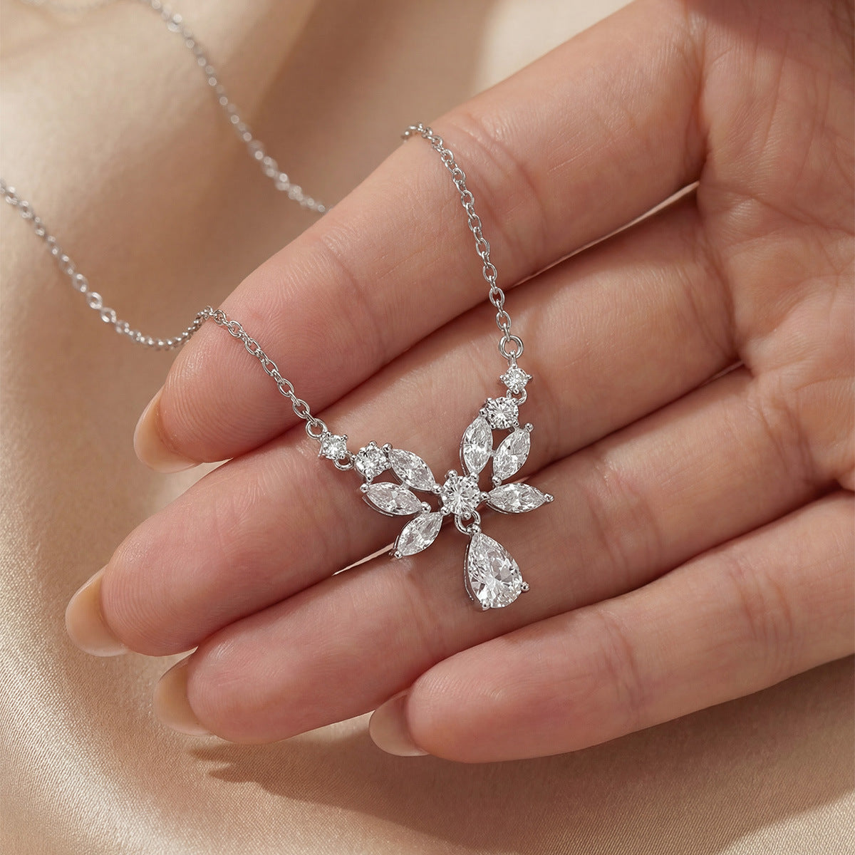 Butterfly Wing Marquise And Pear Cut Moissanite  925 Sterling Silver Pendant Necklace