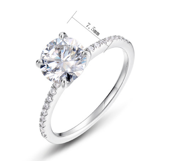 Round Solitaire Moissanite 925 Sterling Silver  Classic Four Prong Pave Band Engagement Ring