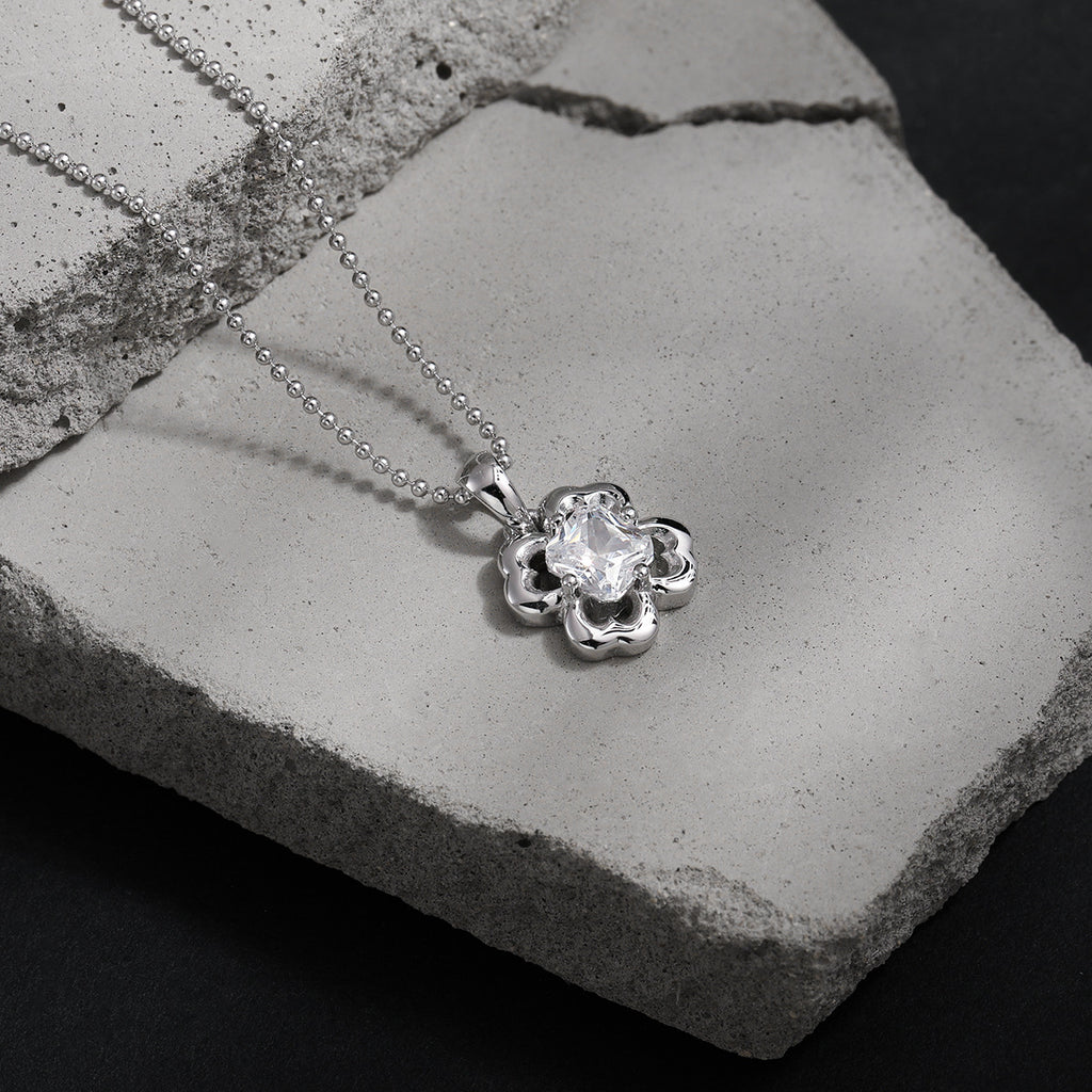 Clover Flower Cubic Zirconia 925 Sterling Silver Ball Chain Necklace