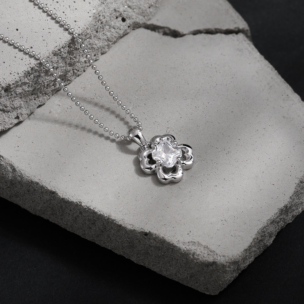 Clover Flower Cubic Zirconia 925 Sterling Silver Ball Chain Necklace