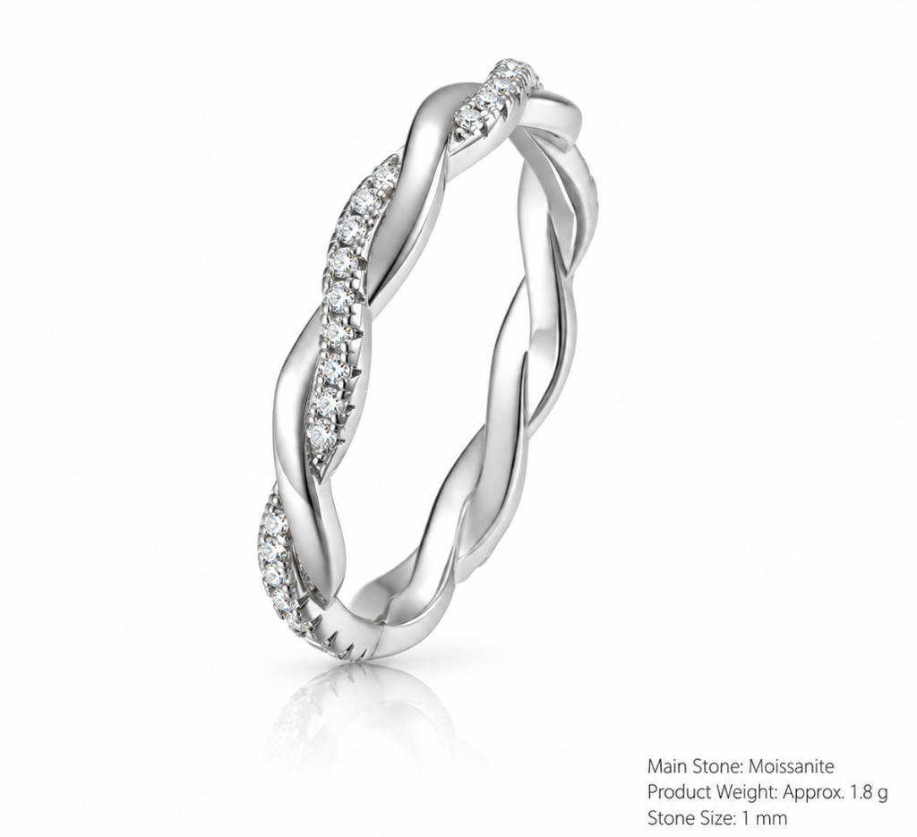 Moissanite Twisted Braided 925 Sterling Silver Full Eternity Geometric Band Ring