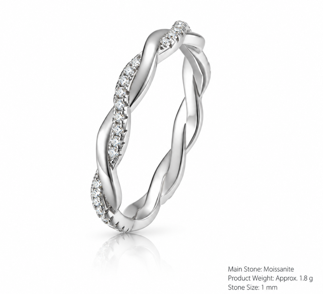 Moissanite Twisted Braided 925 Sterling Silver Full Eternity Geometric Band Ring