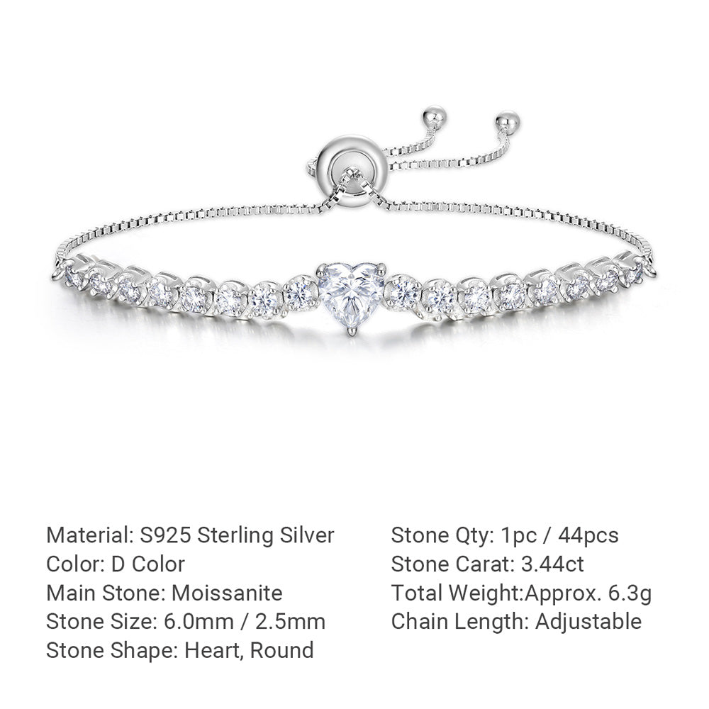 White Moissanite Geometric Princess Cut Square Center Stone Tennis Bracelet  925 Sterling Silver Adjustable Slider Chain Bracelet
