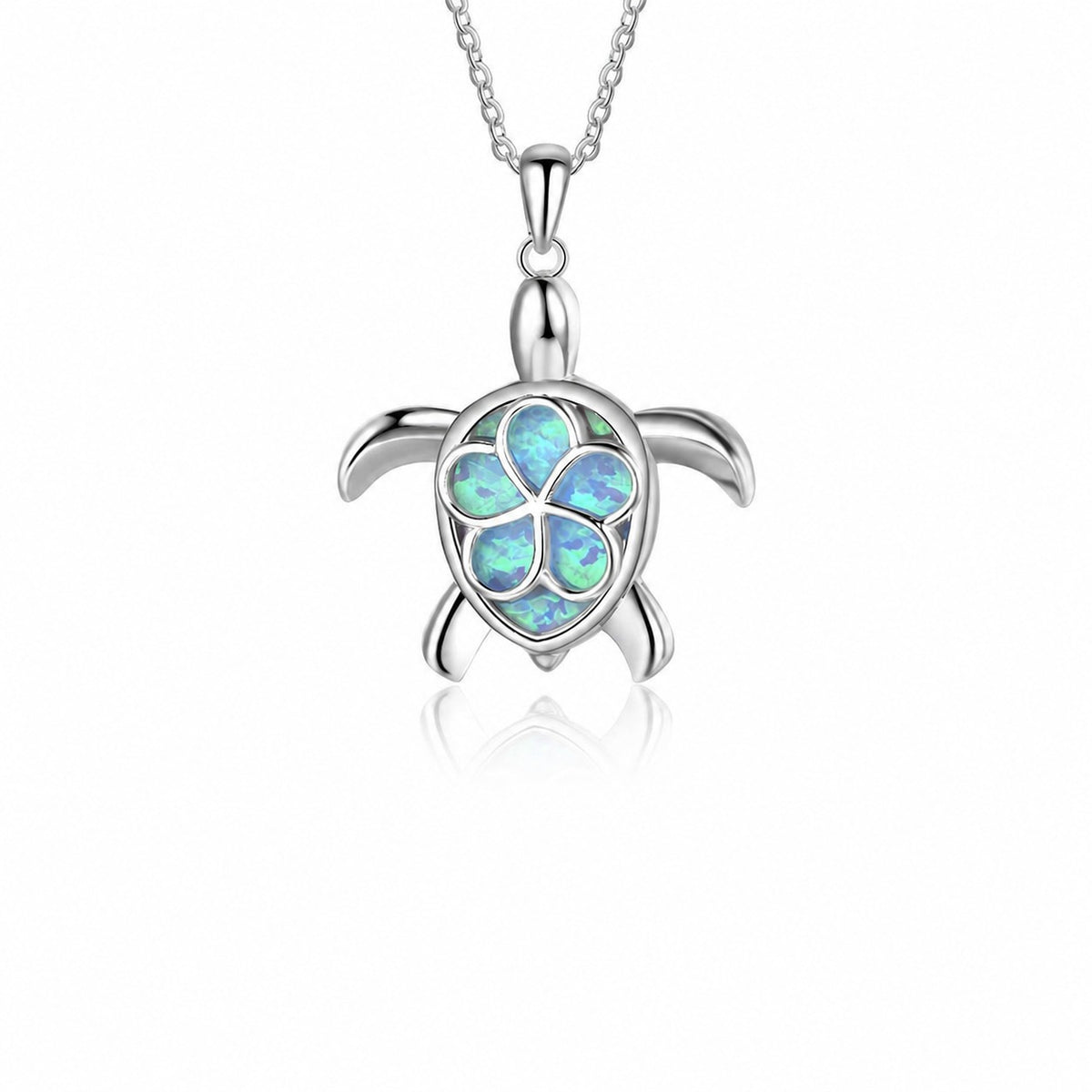 Blue-Green Opal Sea Turtle Pendant Necklace  925 Sterling Silver Animal Necklace