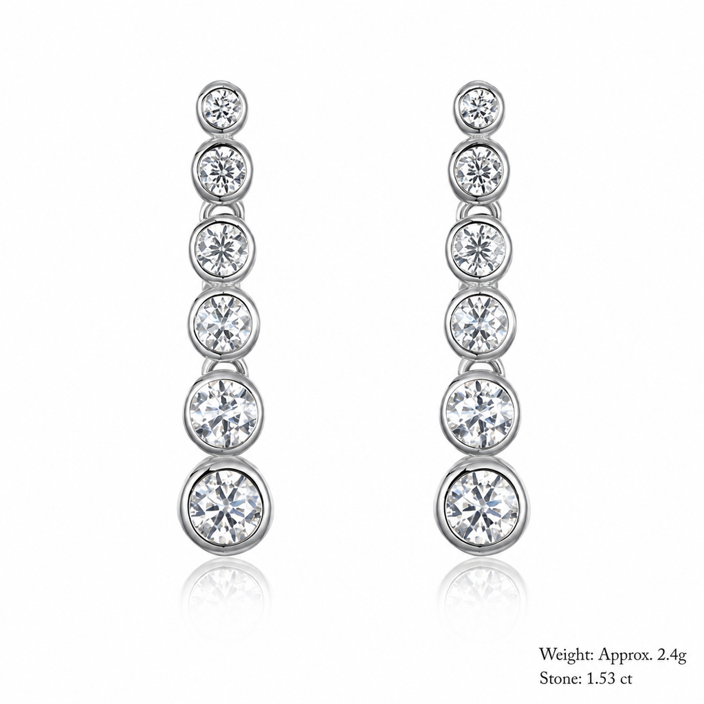 Moissanite Graduated Six Round Bezel Set Drop Earrings White Gold Tone 925 Sterling Silver Geometric Long Dangle Earrings For Women Elegant Fashion Party Wedding Gift Jewelry