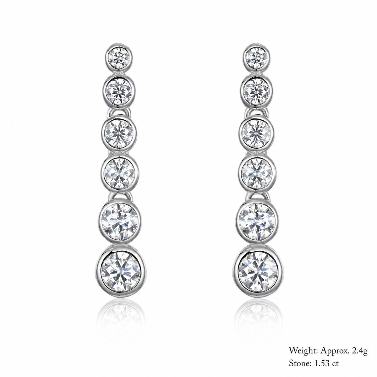 Moissanite Graduated Six Round Bezel Set Drop Earrings White Gold Tone 925 Sterling Silver Geometric Long Dangle Earrings For Women Elegant Fashion Party Wedding Gift Jewelry