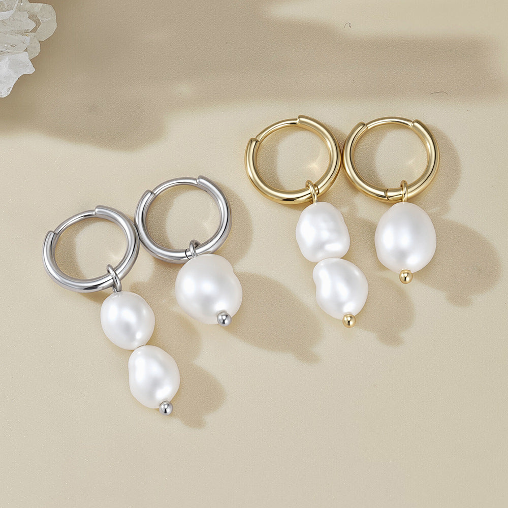 Natural Freshwater Baroque Pearl Asymmetrical  925 Sterling Silver Hoop Earrings