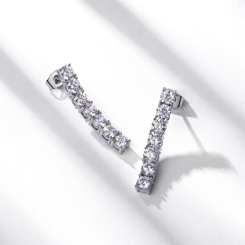 Long Vertical Bar Moissanite 925 Silver Round Prong Set Line Stud Earrings