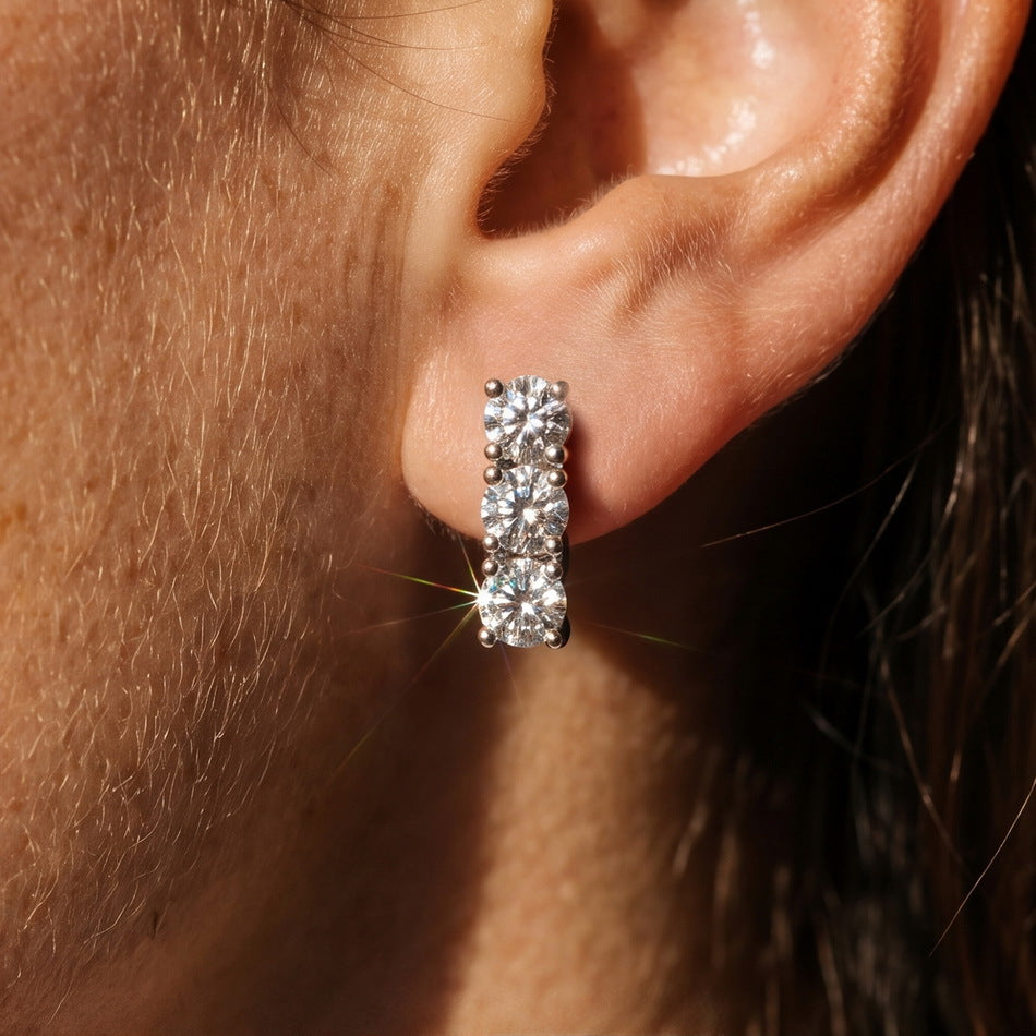 Triple Round Moissanite Geometric Row Silver Tone 925 Sterling Silver Stud Earrings