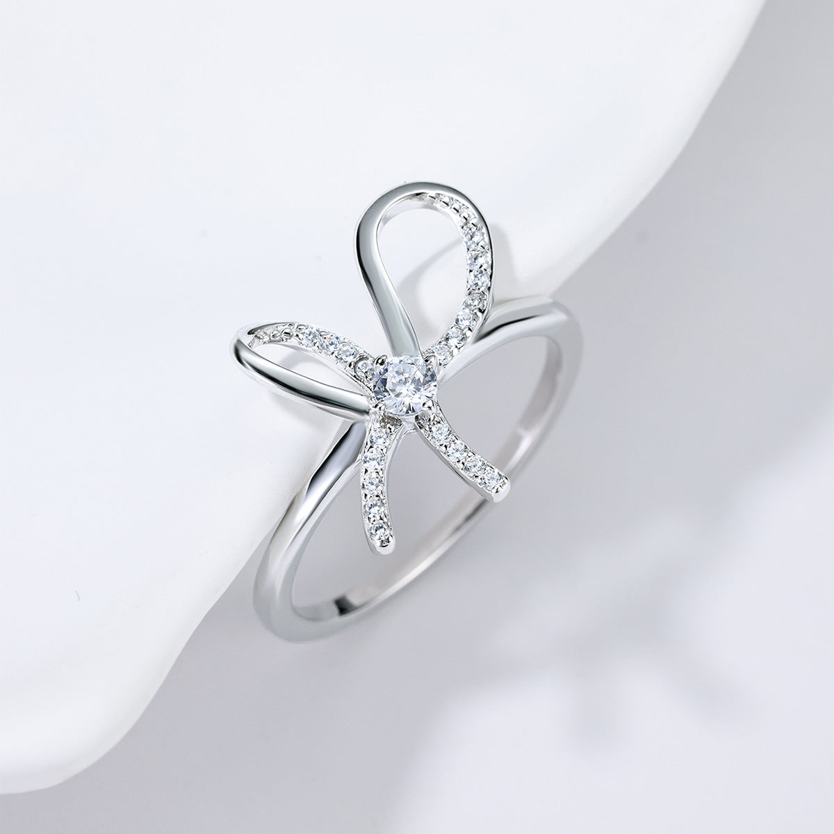 Bowknot Moissanite  925 Sterling Silver Round Cut D Color Moissanite Pave Ribbon Bow Ring