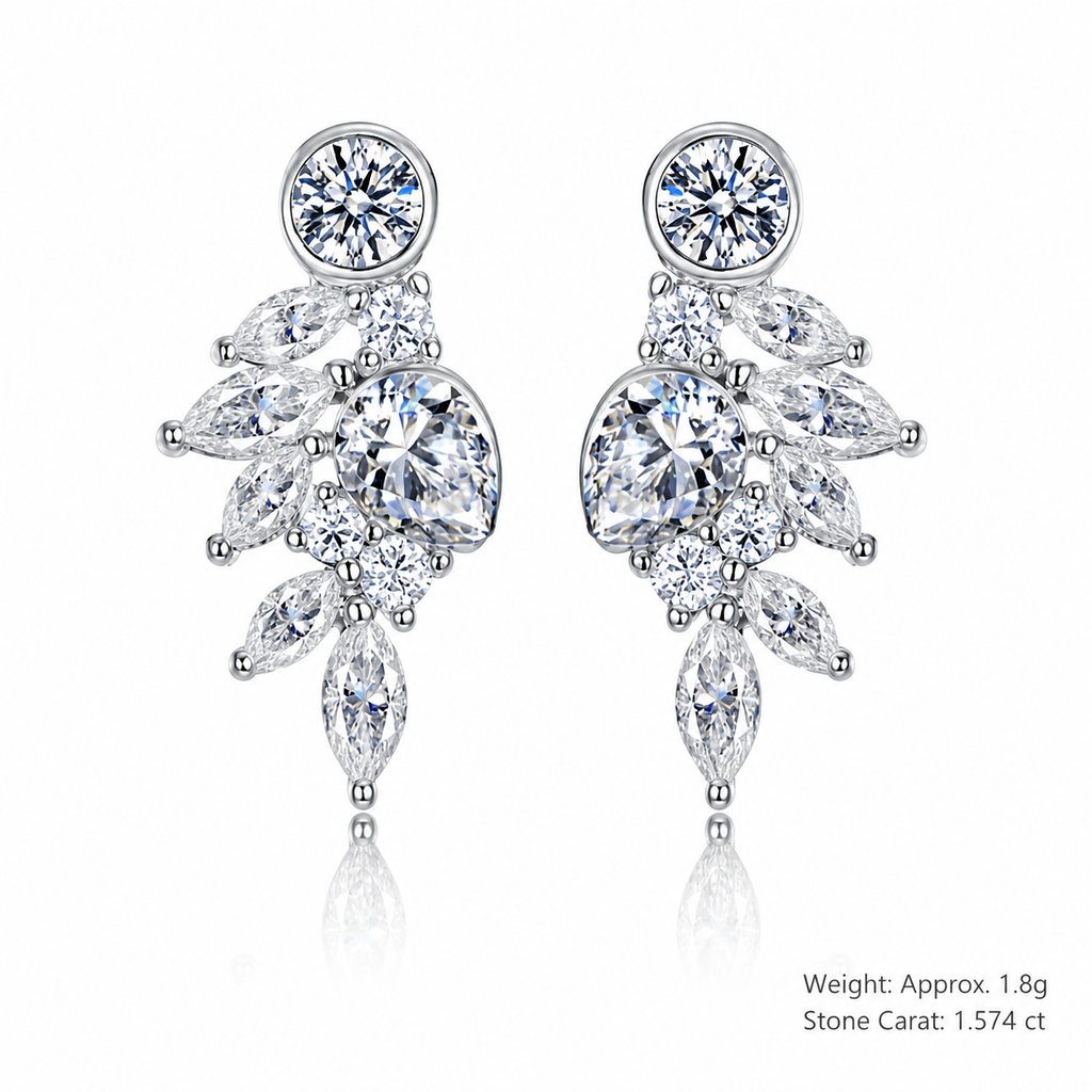White Moissanite Leaf Cluster In 925 Sterling Silver  Stud Earrings