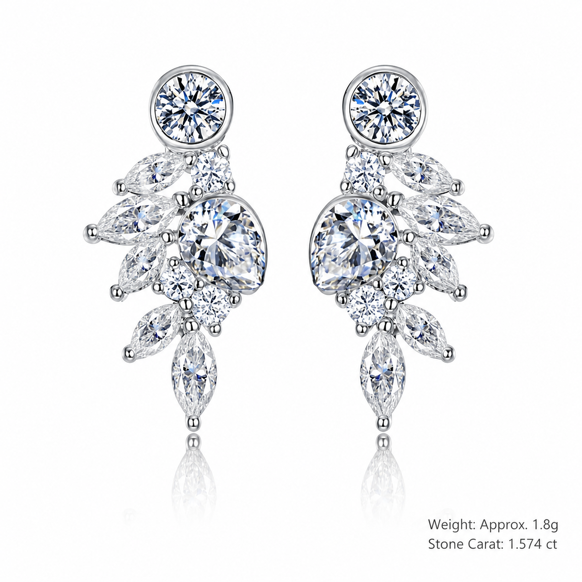 White Moissanite Leaf Cluster In 925 Sterling Silver  Stud Earrings