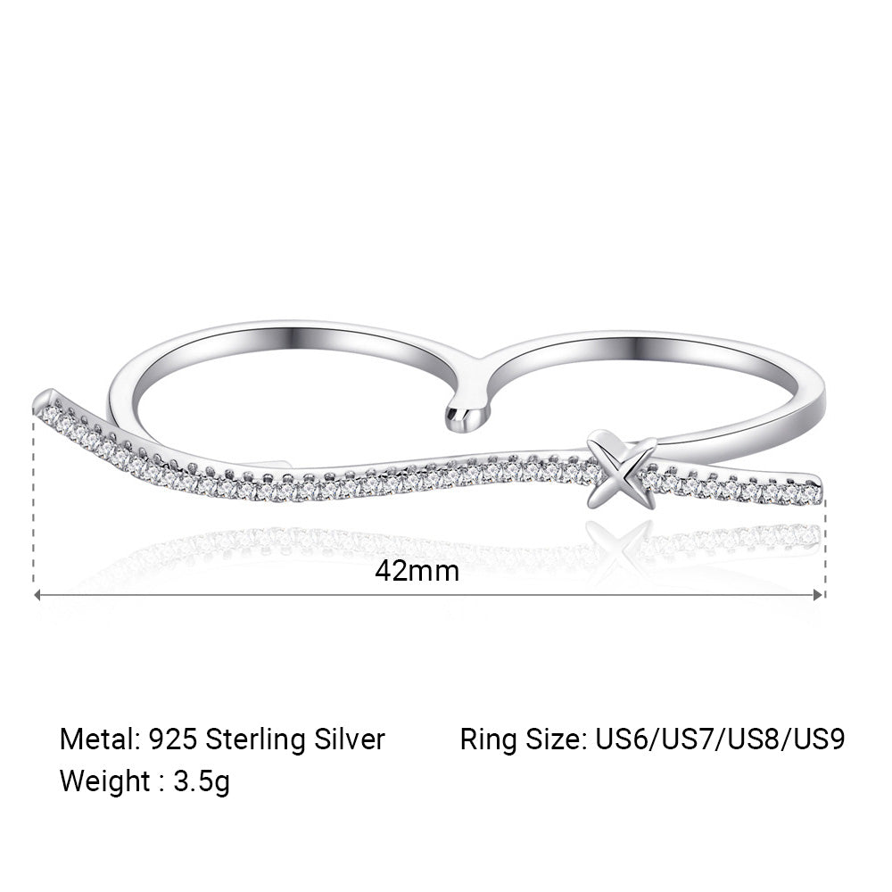Geometric White Cubic Zirconia Irregular Wave Double Finger Ring In S925 Sterling Silver Open Adjustable Ring
