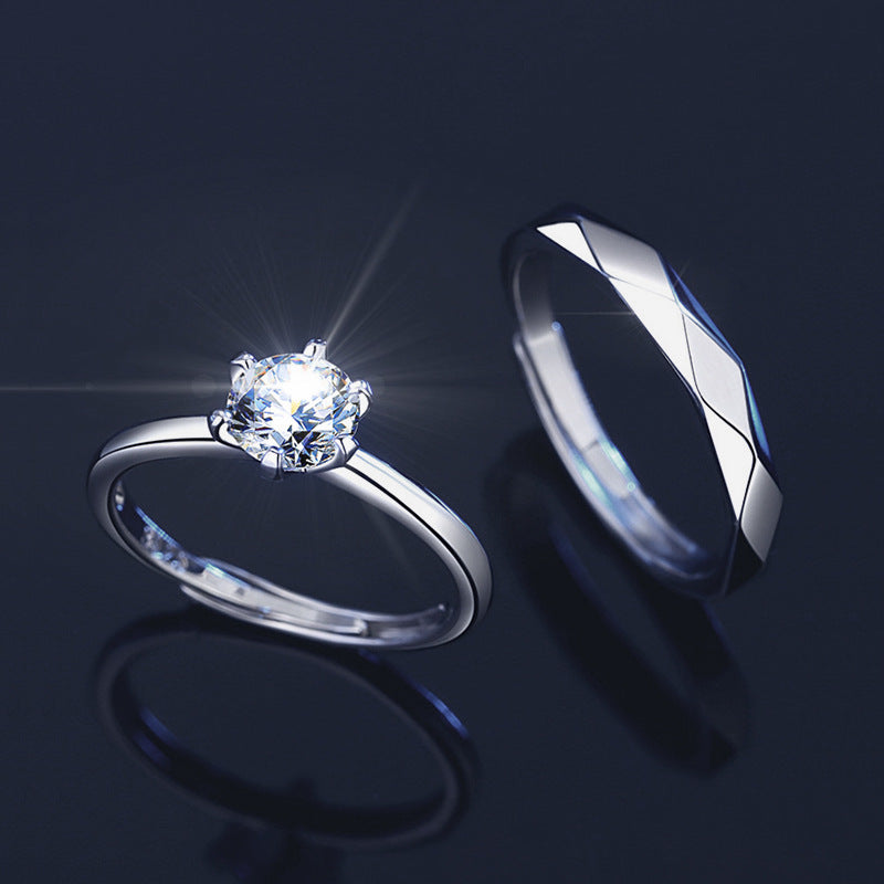 Minimalist Six-Prong Moissanite Silver S925 Sterling Silver Wedding Engagement Band Set Couple Rings