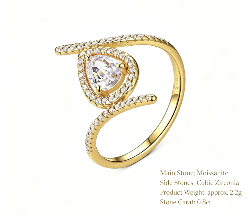 Pear Cut Moissanite Halo   925 Sterling Silver Wrap Style Pavé Band Fashion Ring