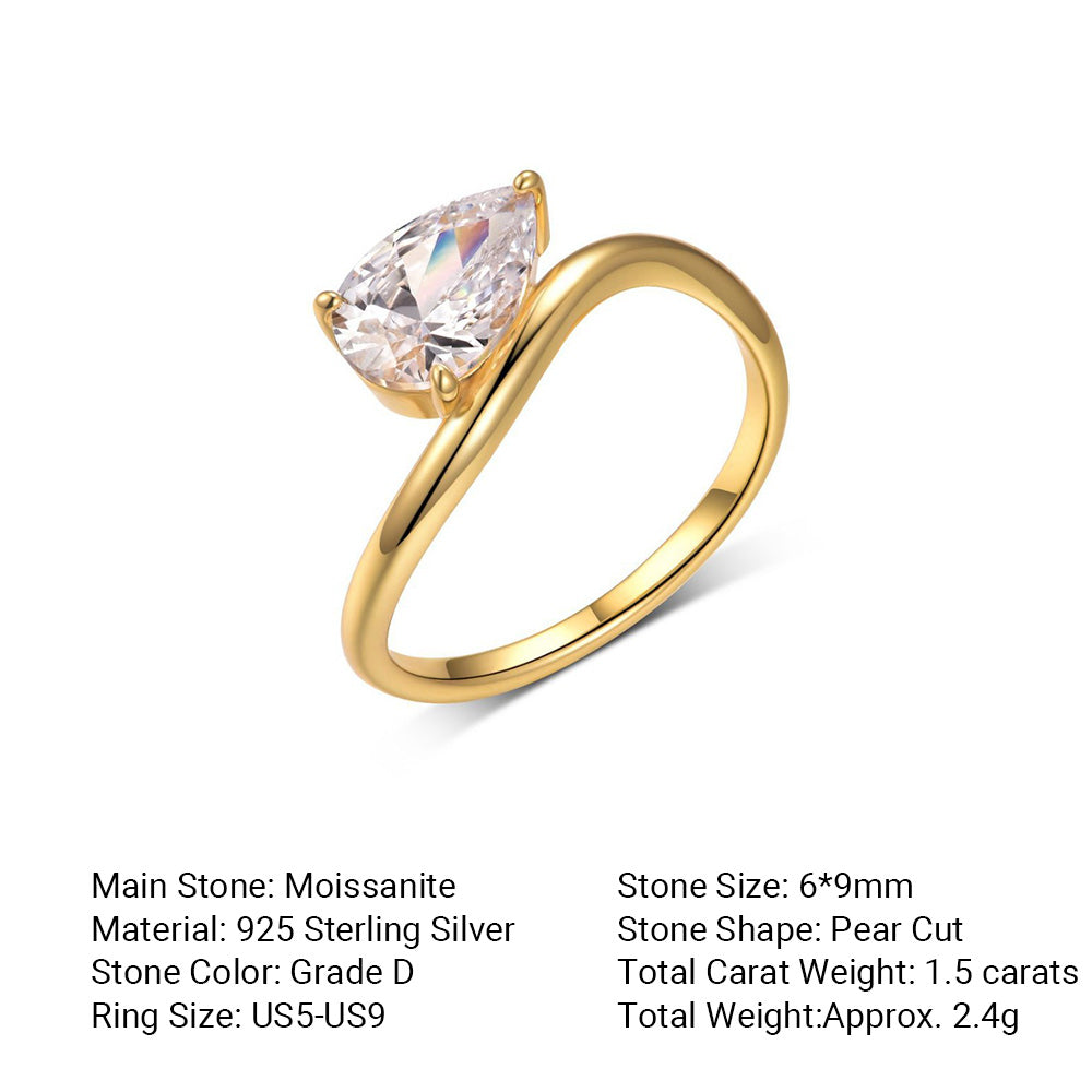 Pear Shaped Moissanite  925 Sterling Silver Simple Wave Band Solitaire Ring