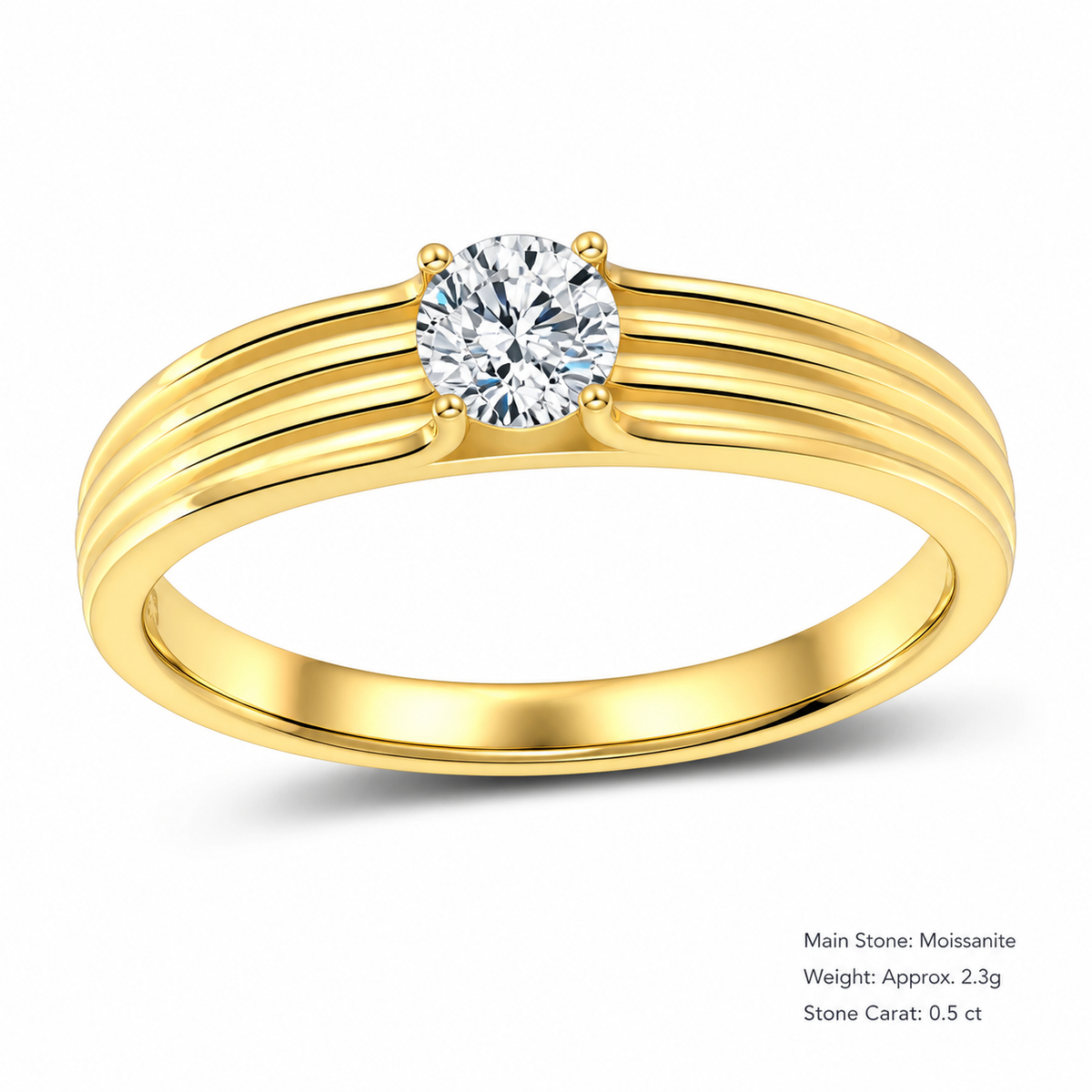 Round Solitaire Moissanite 925 Sterling Silver Three Line Ribbed Band 0.5 Carat Ring