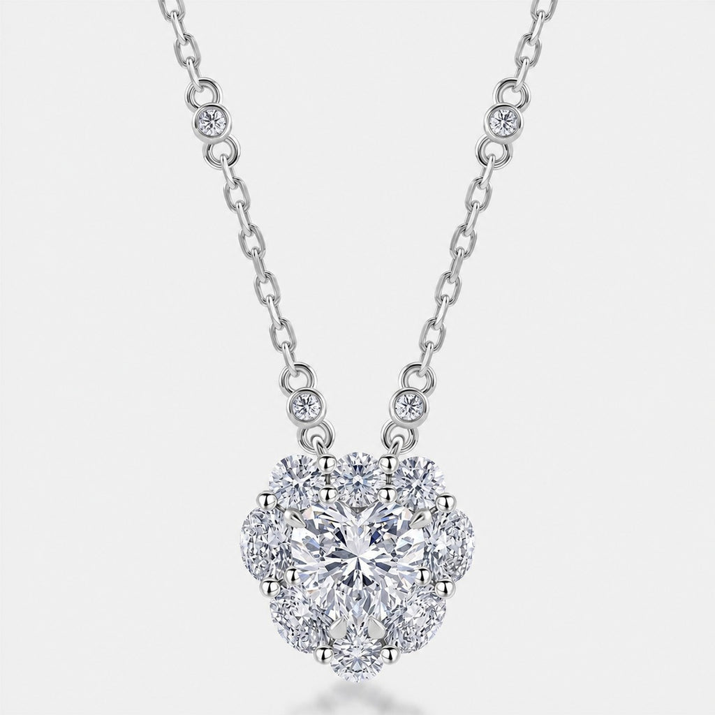 Heart Shape Moissanite Cluster Flower Pendant  925 Sterling Silver Necklace
