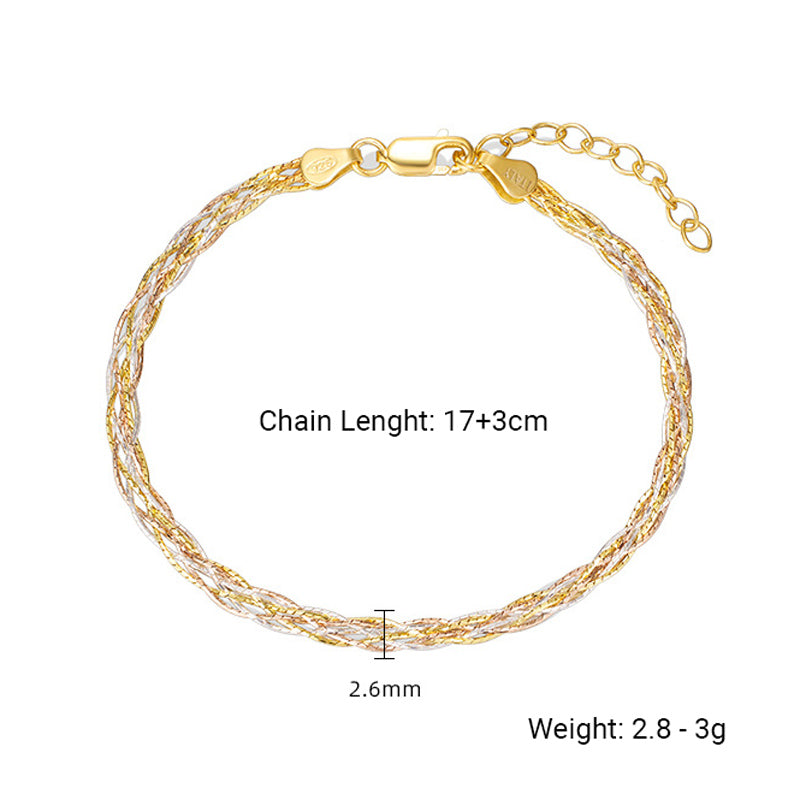 Italian Braided Elegant Bamboo Design Three Tone 925 Sterling Silver Bracelet