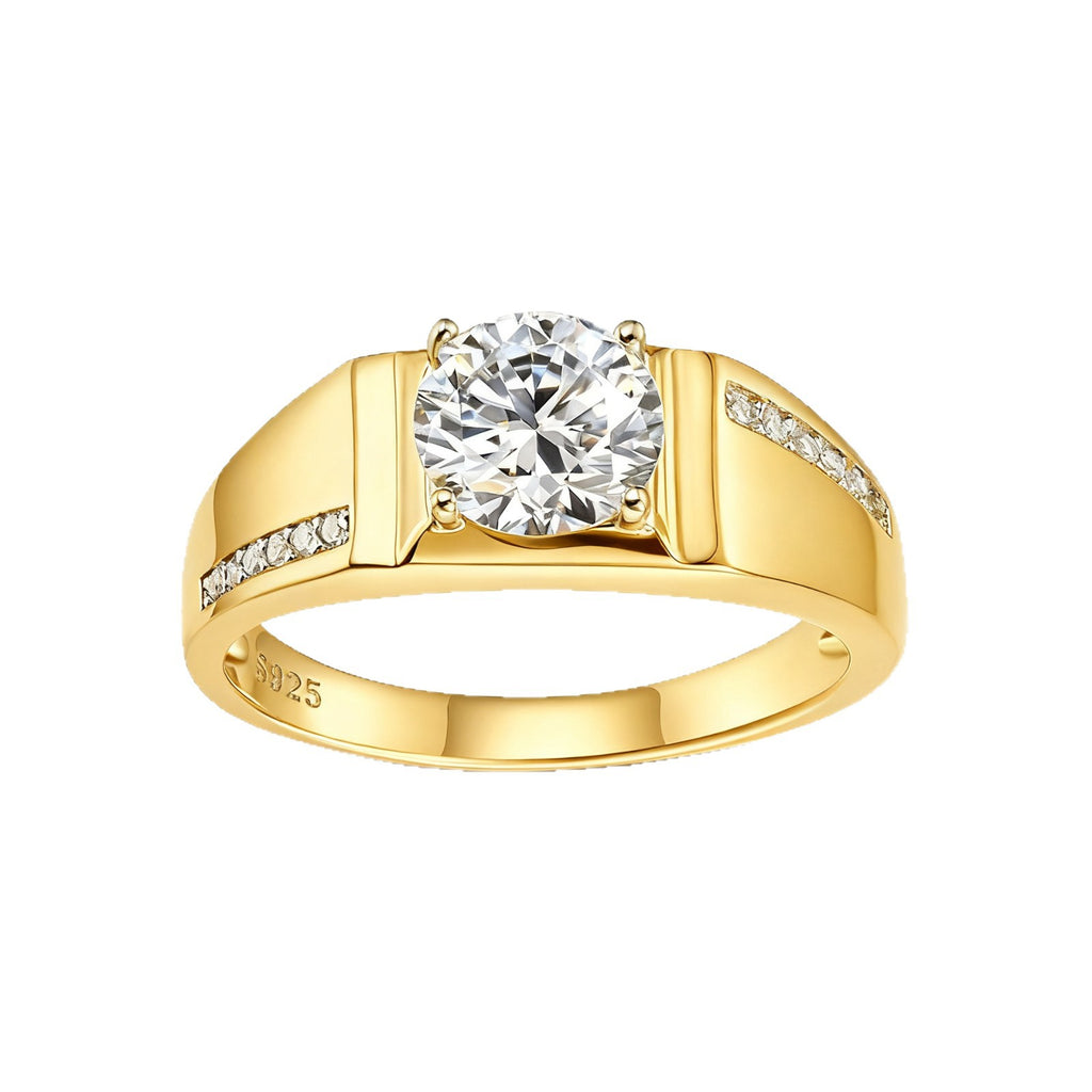 Round Solitaire D Color Center Stone Men's S925 Silver Geometric Band Moissanite Ring