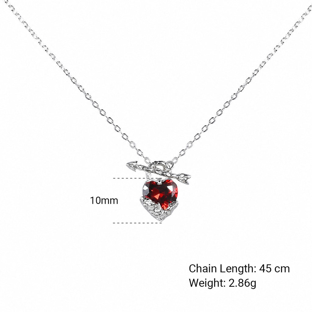 Red Heart Cupid's Arrow Zirconia 925 Sterling Silver Romantic and Minimalist Collar Bone Necklace