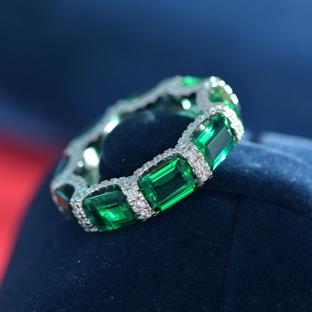 Green Emerald-Cut Synthetic Emerald Zircon Full-Circle Eternity 925 Sterling Silver Ring