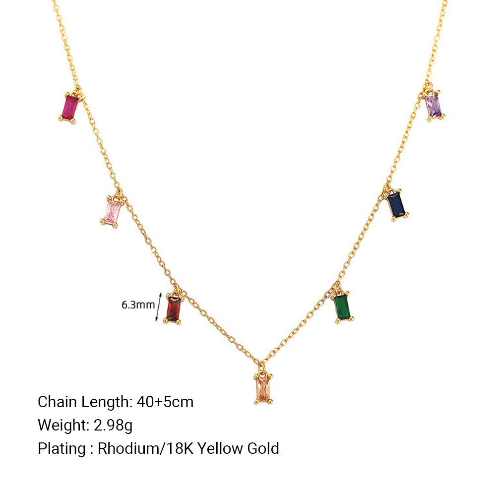 Modern Cubic Zirconia Multicolor Rectangular Baguette Station Chain 925 Sterling Silver Clavicle Necklace