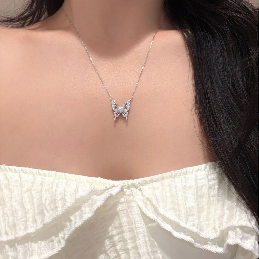 Butterfly Moissanite Hollow Heart Wing Design 925 Sterling Silver Pendant Necklace