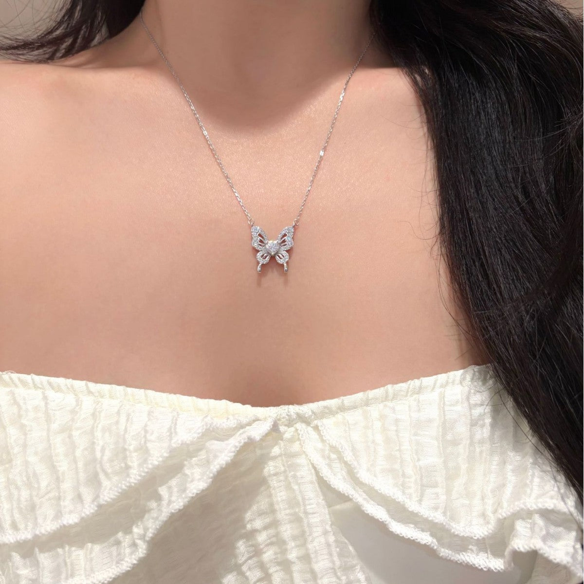 Butterfly Moissanite Hollow Heart Wing Design 925 Sterling Silver Pendant Necklace