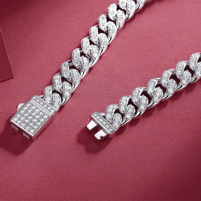Geometric Cuban Link Moissanite Bracelet 8mm 925 Sterling Silver Full Pave Round Stone Hip Hop Chain Bracelet