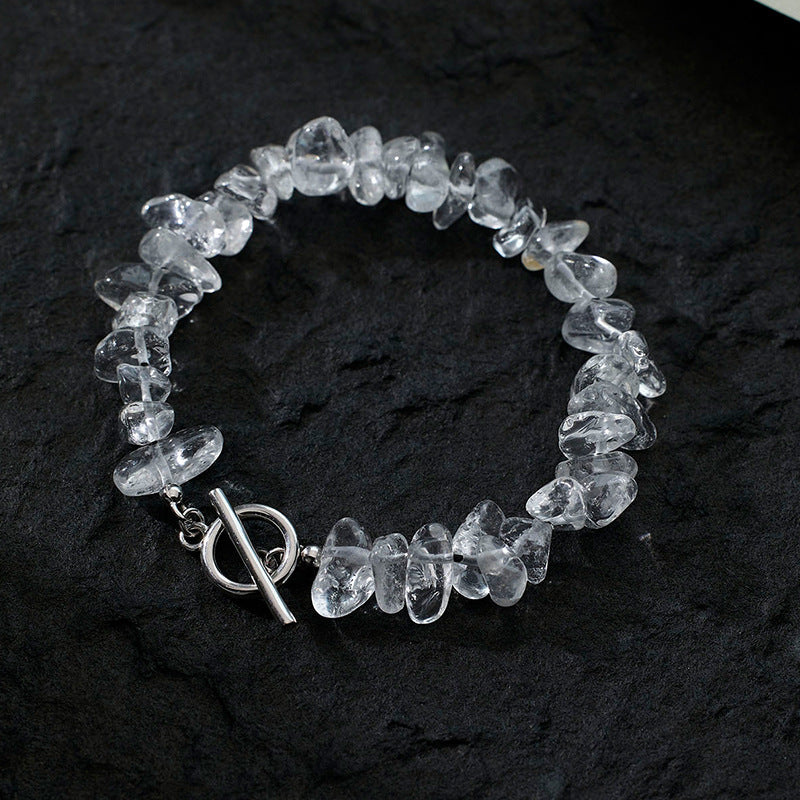 Natural Stone Irregular Clear White Crystal Chip Bead OT Toggle Clasp 925 Sterling Silver Bracelet