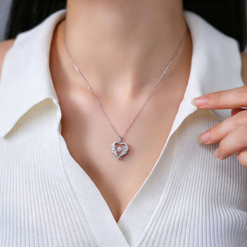 Heart Angel Wing Moissanite 925 Sterling Silver Moving Center Stone Pendant Necklace