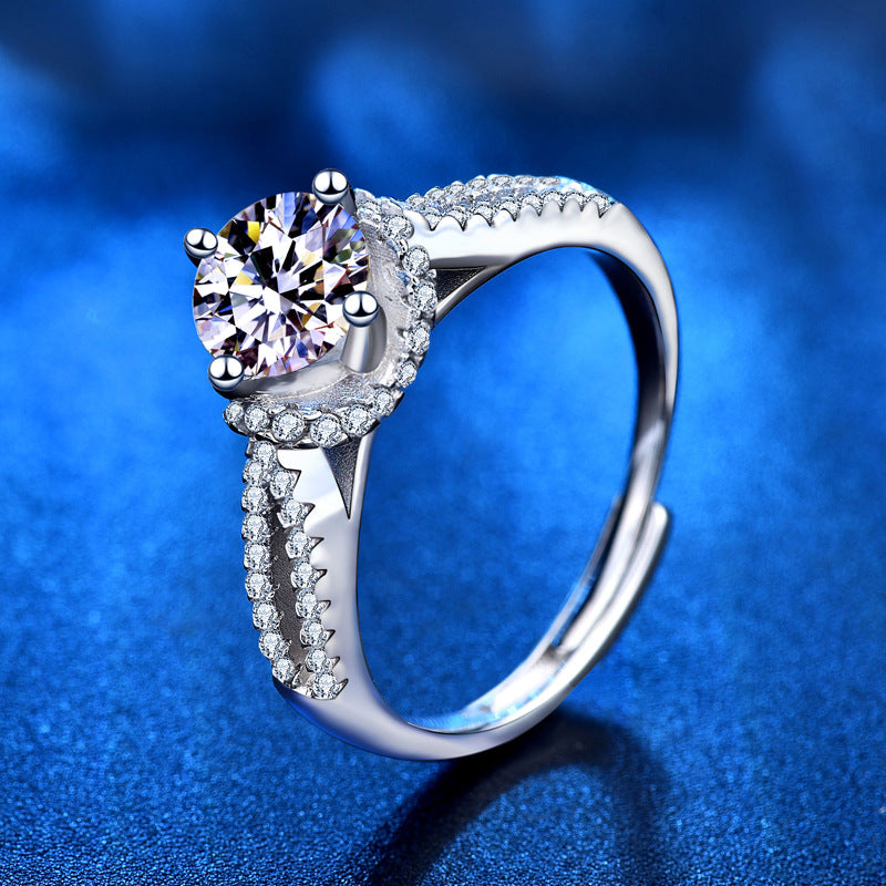 Lady Round Moissanite CZ Babysbreath 925 Sterling Silver Adjustable Ring